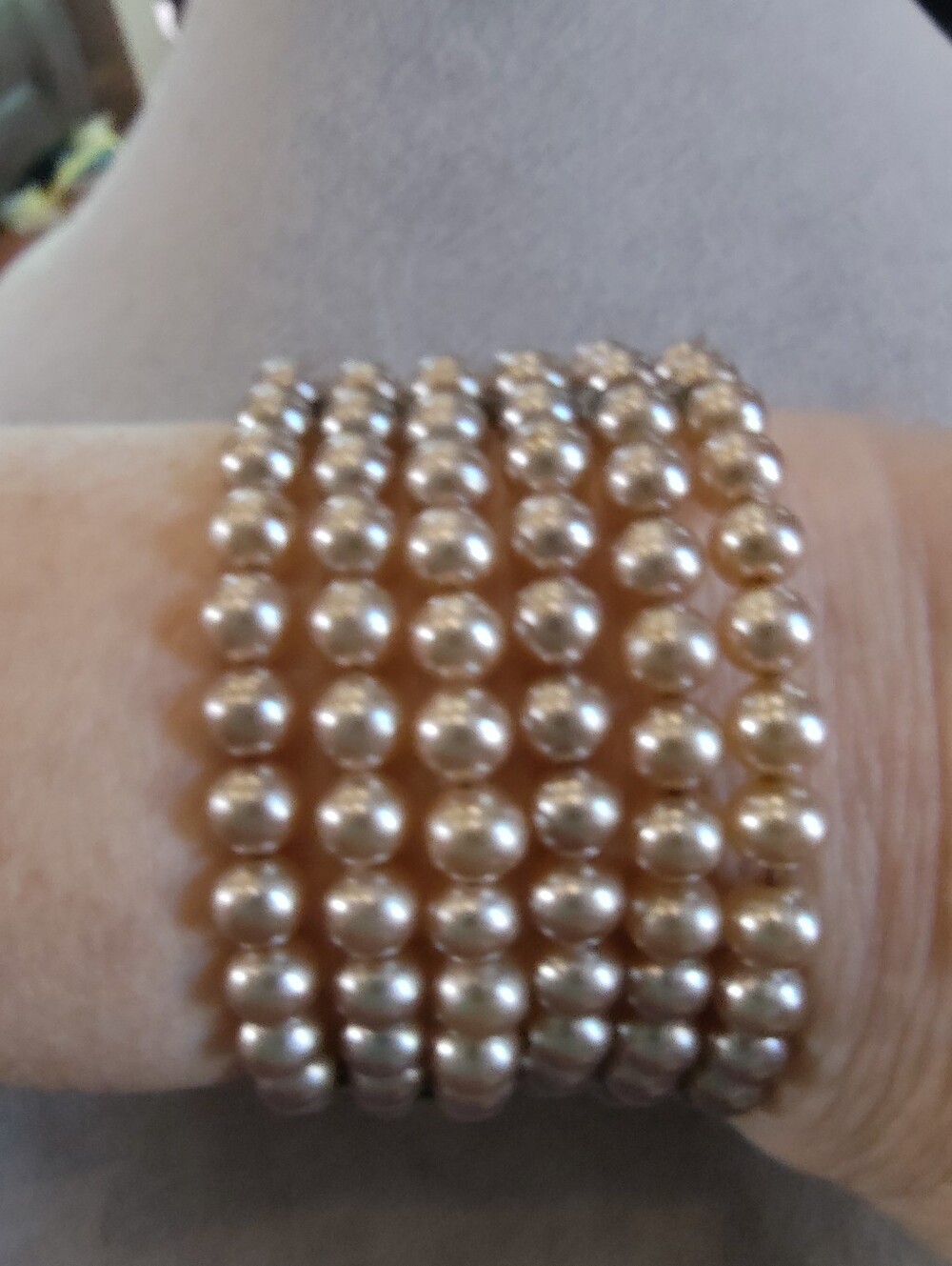 Champagne Pearl Wrap Stretch Bracelet Six Rows 1950s to 60s